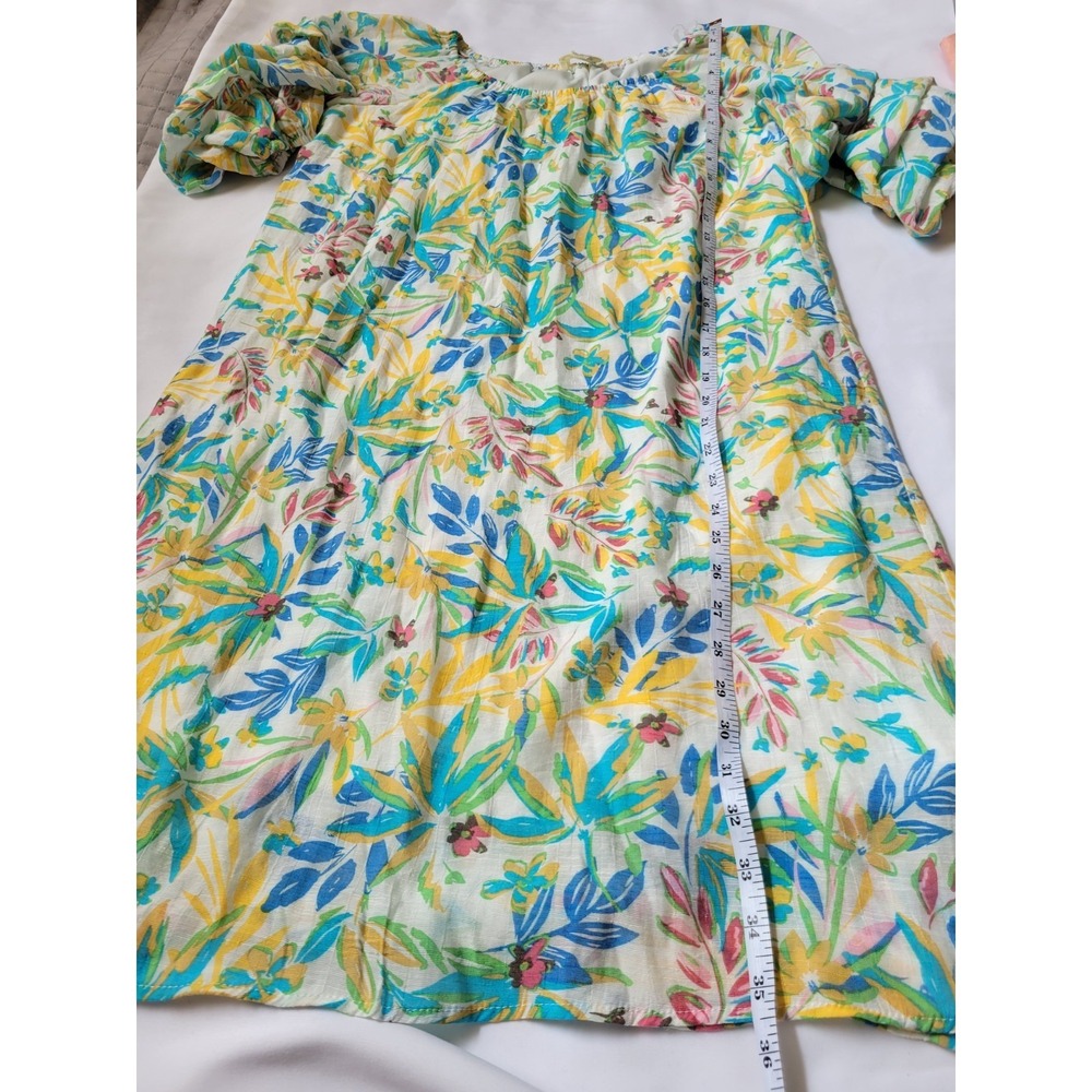 Indigo Rose Dress White Floral Colorful Tropical Tier Puff Sleeve Lined Beachy S - Picture 5 of 9
